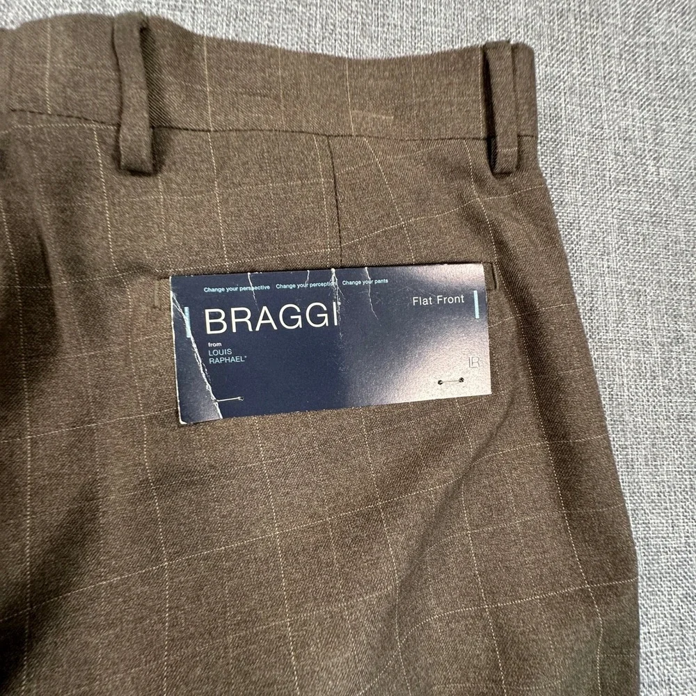 Braggi Louis Raphael Dress Pants Men 34x29 Brown Windowpane Plaid Flat Front NEW